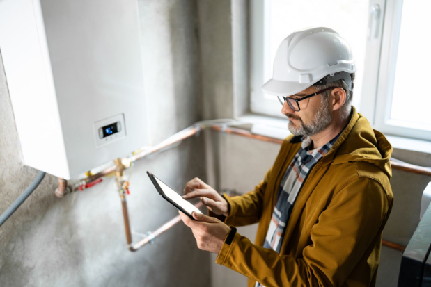 a technician inspecting a furnace